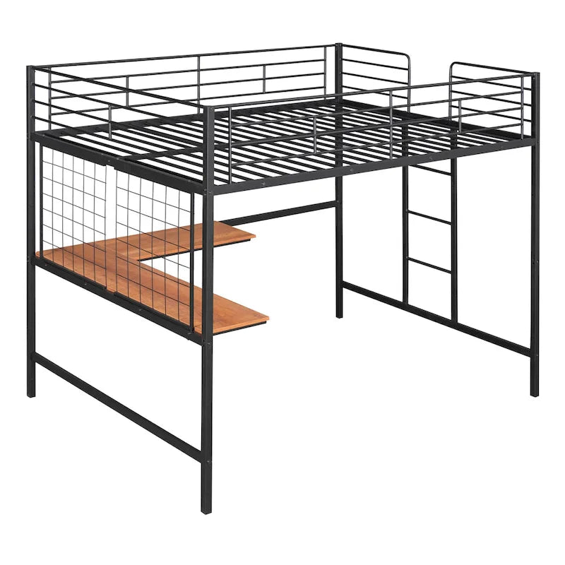 Cama alta de metal con escritorio de madera incorporado, rejilla de metal, escalera y barandillas