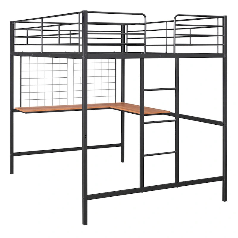 Cama alta de metal con escritorio de madera incorporado, rejilla de metal, escalera y barandillas