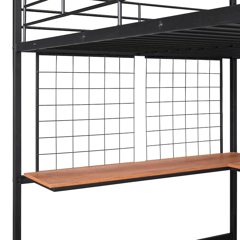 Cama alta de metal con escritorio de madera incorporado, rejilla de metal, escalera y barandillas