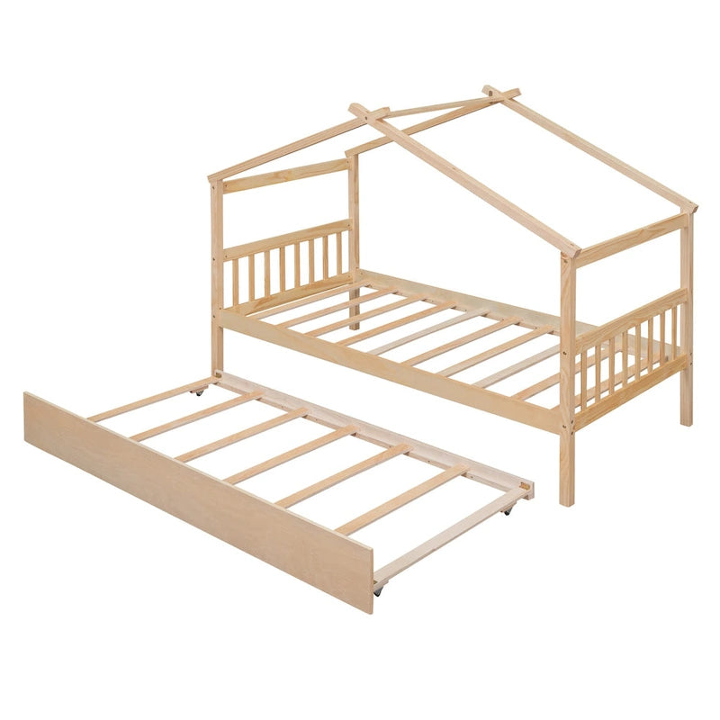 Cama de madera tipo casita, tamaño individual, con nido individual