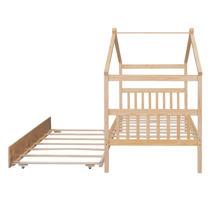 Cama de madera tipo casita, tamaño individual, con nido individual