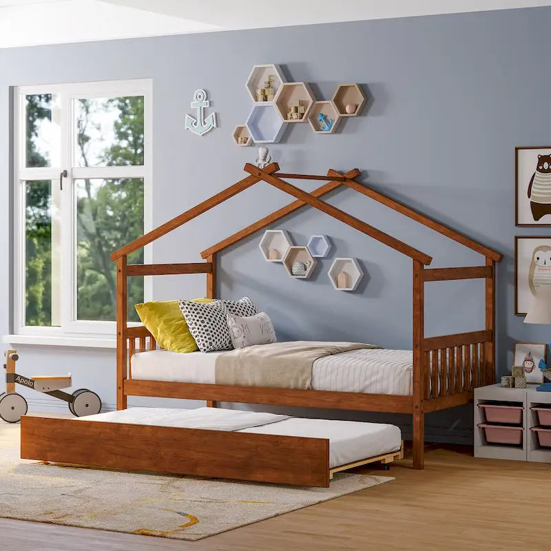 Cama de madera tipo casita, tamaño individual, con nido individual