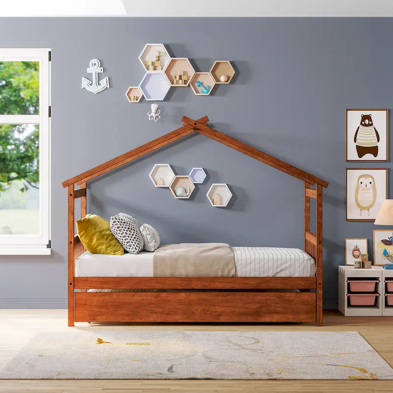 Cama de madera tipo casita, tamaño individual, con nido individual