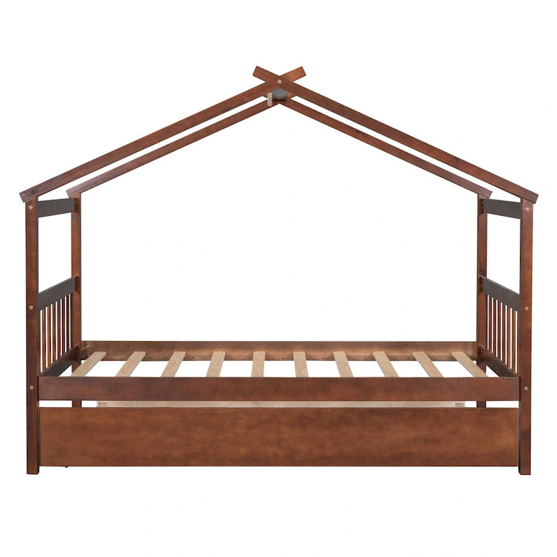 Cama de madera tipo casita, tamaño individual, con nido individual