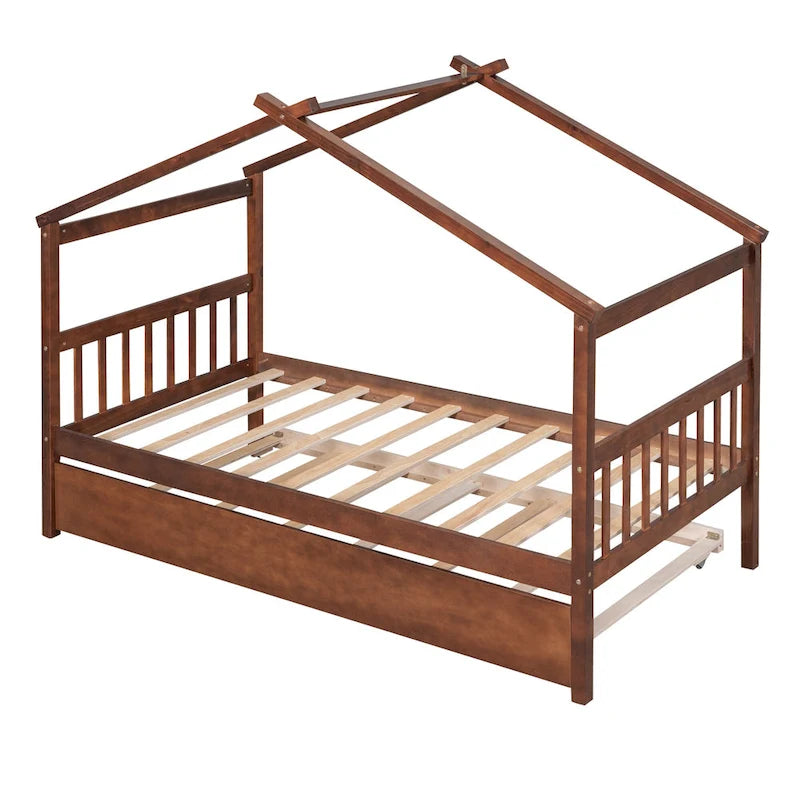 Cama de madera tipo casita, tamaño individual, con nido individual