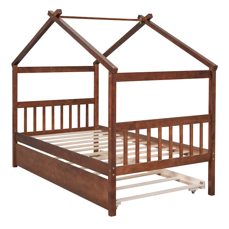 Cama de madera tipo casita, tamaño individual, con nido individual