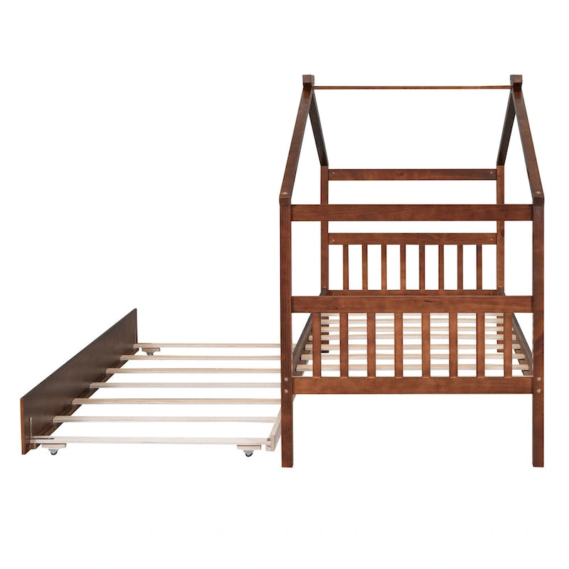 Cama de madera tipo casita, tamaño individual, con nido individual