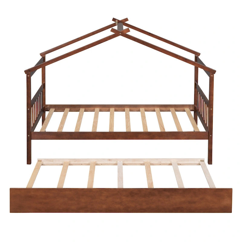 Cama de madera tipo casita, tamaño individual, con nido individual