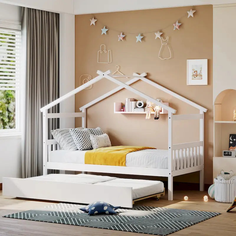 Cama de madera tipo casita, tamaño individual, con nido individual