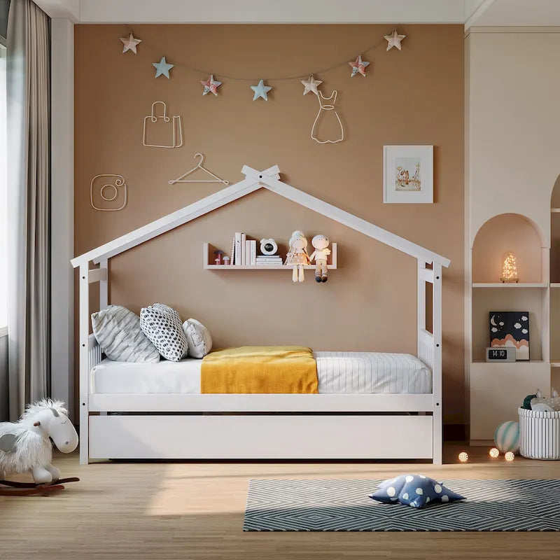 Cama de madera tipo casita, tamaño individual, con nido individual