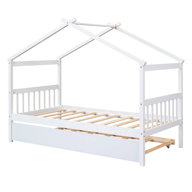 Cama de madera tipo casita, tamaño individual, con nido individual