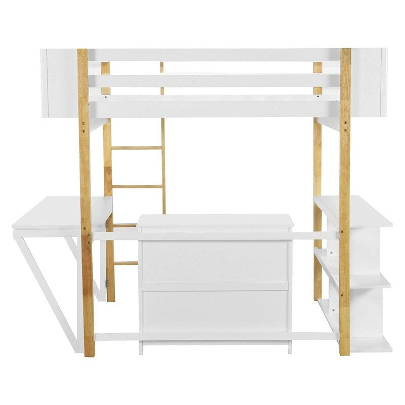 Cama alta de madera de tamaño completo con armario de almacenamiento y estante incorporados, escritorio plegable