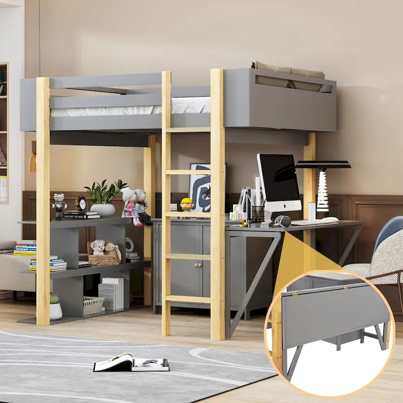 Cama alta de madera de tamaño completo con armario de almacenamiento y estante incorporados, escritorio plegable