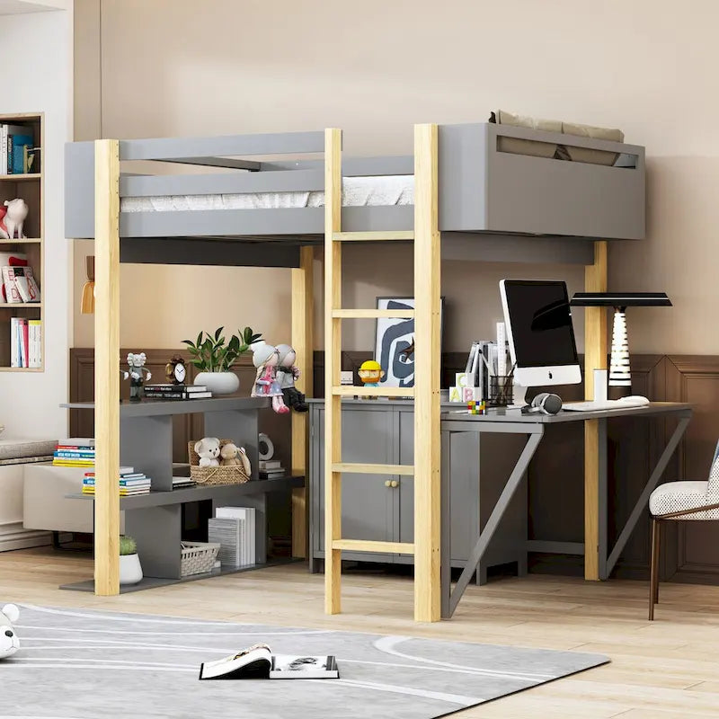 Cama alta de madera de tamaño completo con armario de almacenamiento y estante incorporados, escritorio plegable