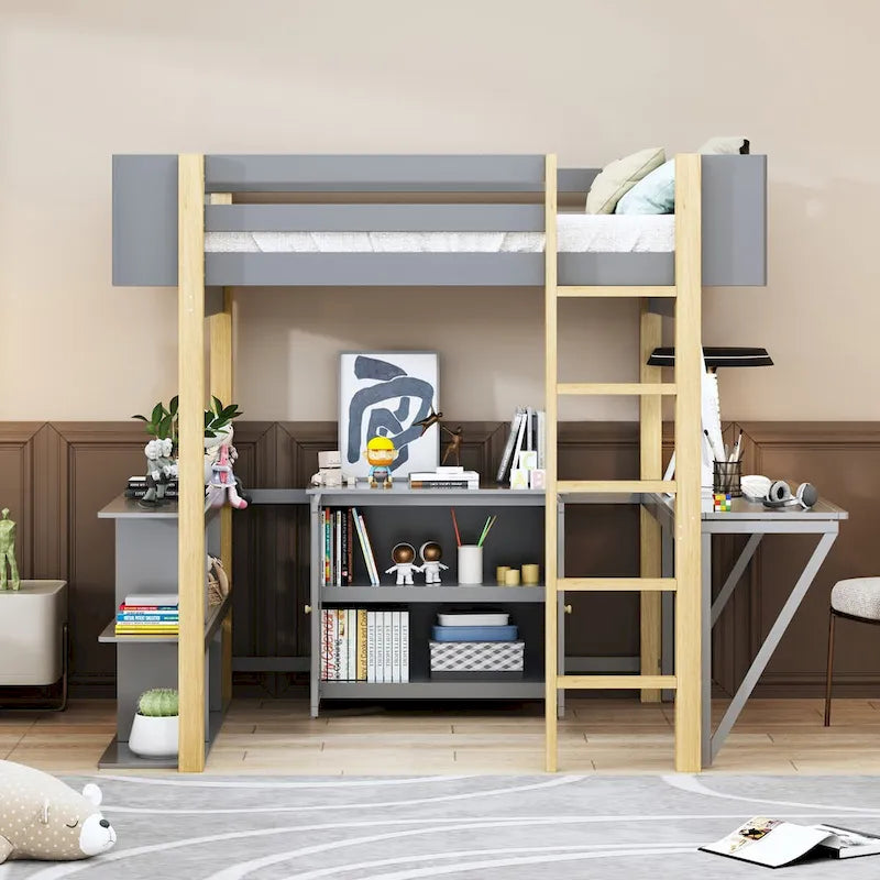 Cama alta de madera de tamaño completo con armario de almacenamiento y estante incorporados, escritorio plegable