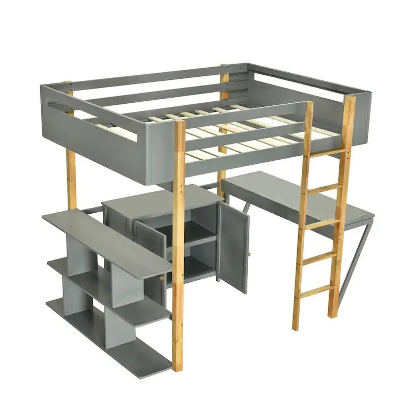 Cama alta de madera de tamaño completo con armario de almacenamiento y estante incorporados, escritorio plegable